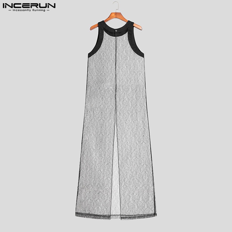 Áo choàng Kaftan INCERUN thiết kế không tay xuyên thấu phối ren gợi cảm cho nam