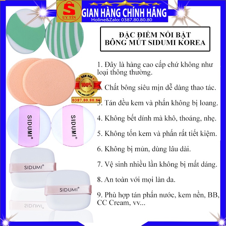 Sét 2 miếng bông mút trang điểm tròn vuông đánh tán phấn nước cushion kem nền bb cc cream chính hãng sidumi hàn quốc