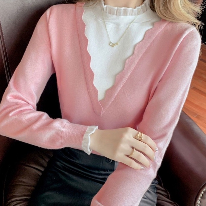 Áo Len Tay Dài Cổ Chữ V Giả Hai Lớp Phối Ren Thời Trang Cho Nữ