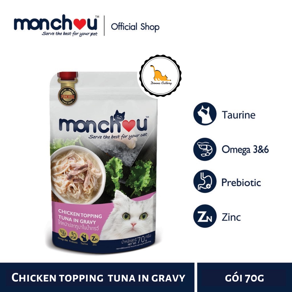 PATE MONCHOU THỊT GÀ CÁ NGỪ TÔM ĐỦ VỊ CHO MÈO GÓI 70g