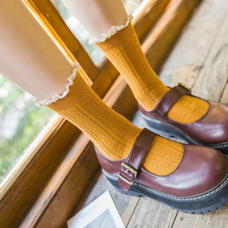 Set 4 đôi Tất bèo nhún cổ cao nhiều màu phong cách Hàn Quốc cổ điển cho nữ