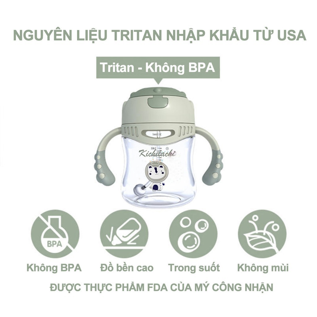 Bình Tập Uống Nước Tập Hút Nhựa Tritan Kichi 300ml Chống Sặc Cho Bé Trai, Bé Gái, Trẻ từ 6 tháng - An Toán - CutieBaby