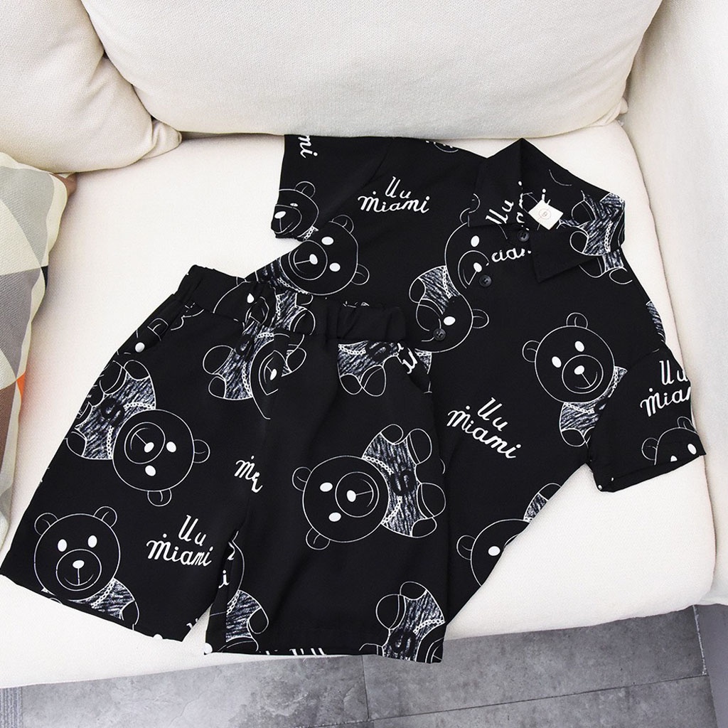 Bộ Ngủ Lụa Cộc Tay Cho Bé In Hình Gấu Bông, Đồ bộ Pijama bé trai bé gái mặc đều xinh từ 7-27kg - LILA KIDS