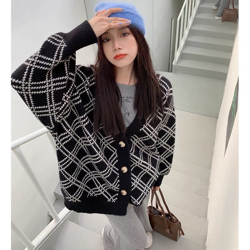 Áo Khoác Len Cardigan Nữ Họa Tiết Kẻ Ô Chèo Phong Cách Hàn Quốc