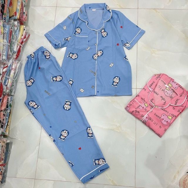 (PJ03) Bộ lụa mặc nhà nữ bigsize đồ bộ pijama lụa áo cộc quần dài chất mịn mát - sanado