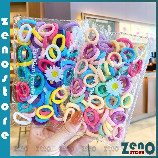 Gói chun buộc tóc 50 dây cho bé, dây buộc tóc nhiều màu co giãn đựng trong túi zip PT35