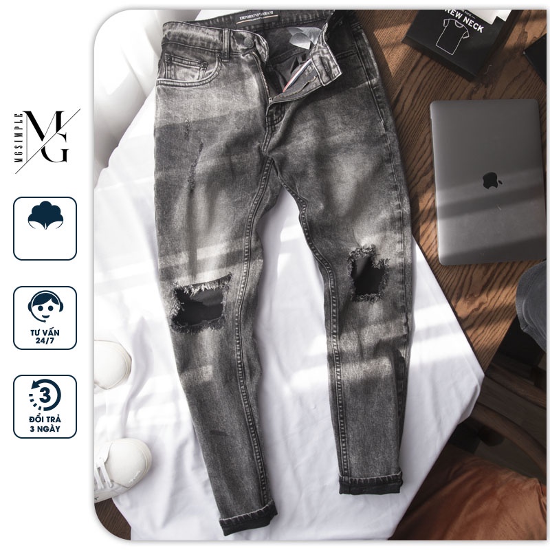 Quần jean nam xám rách gối cao cấp hàng vnxk chính hãng, chất đẹp , co dãn - MGSIMPLE