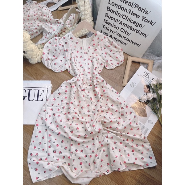 ĐẦM MIDI HOA CHÉO NGỰC KEM TAY BỒNG NHẸ