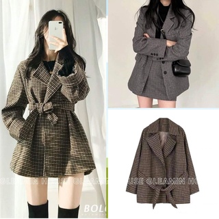 [HÀNG SẴN] ÁO KHOÁC DẠ NỮ TWEED kẻ caro kèm đai thắt eo 2 lớp cực xinh, Áo dạ kẻ răng sói 2 màu kèm đai