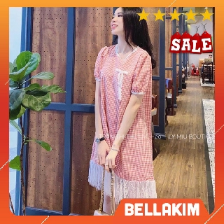 Đầm caro por phối ren hồng pastel siêu xinh HÀNG Y HÌNH 100%