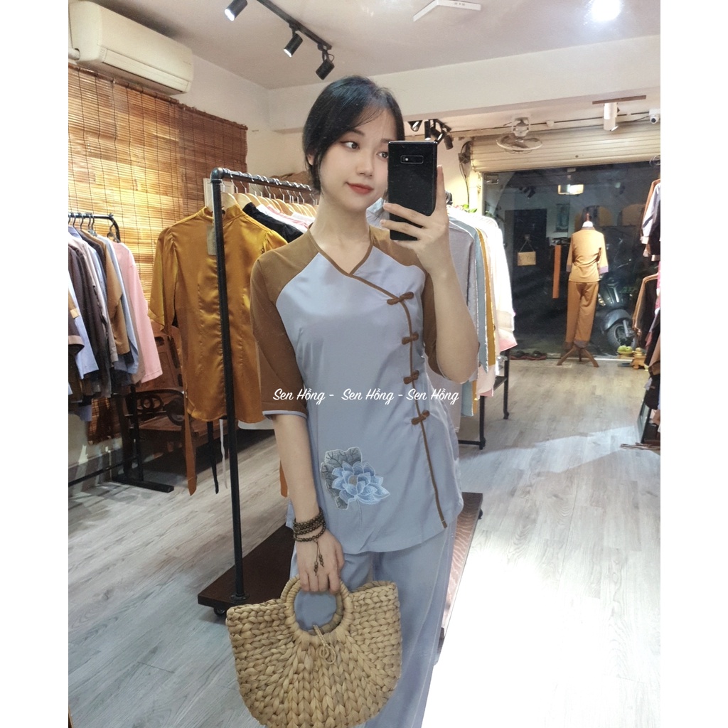 ⭐ Quần áo lam đi chùa nữ - Bộ Phật tử cài chéo tay phối màu xinh xăn # pháp phục kate Nhật bền đẹp B26