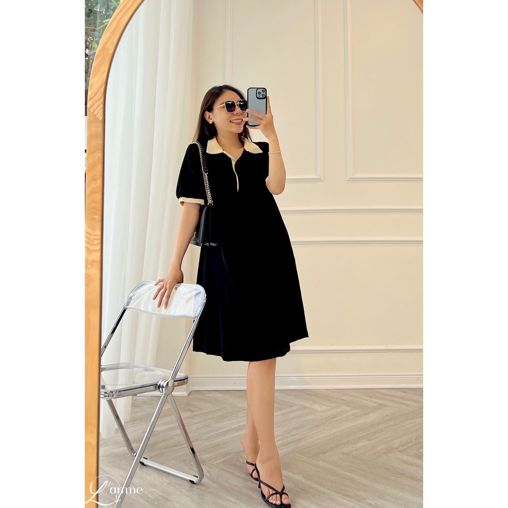 [NEW ARRIVIAL] Đầm bầu đẹp dáng suông TIXI DRESS, váy bầu cổ polo phối be, chất nỉ tổ ong co dãn 4 chiều thiết kế bới L'