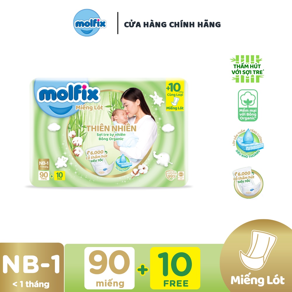 Miếng lót sơ sinh Molfix thiên nhiên siêu khô thoáng NB1-100  / NB1-74  / NB2-66 trên 1 tháng