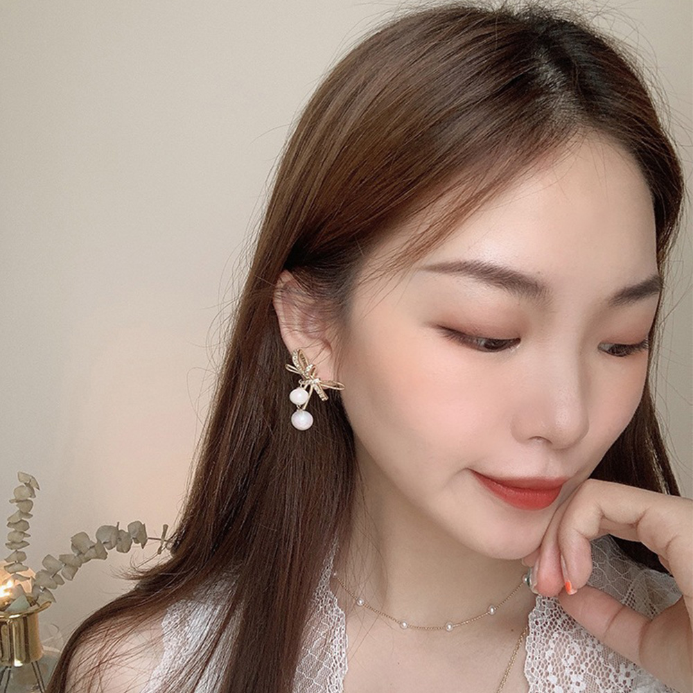 Cặp Bông Tai Nơ Đính Ngọc Trai Giả Thời Trang Nữ