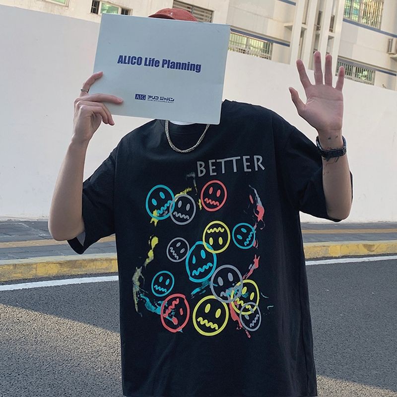 Áo thun tay lỡ nam nữ, áo phông unisex form rộng chất cotton mát mịn thấm hút mồ hôi in hình mặt cười | BigBuy360 - bigbuy360.vn