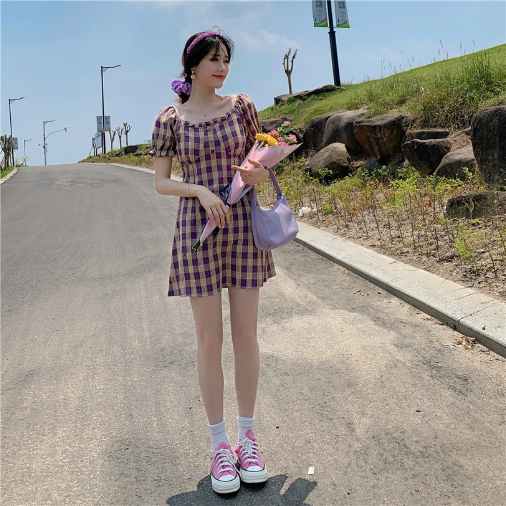 Váy nữ , váy đầm nữ váy kẻ sọc caro dáng ngắn chữ A tay bồng nữ tính ATILA SHOP | BigBuy360 - bigbuy360.vn