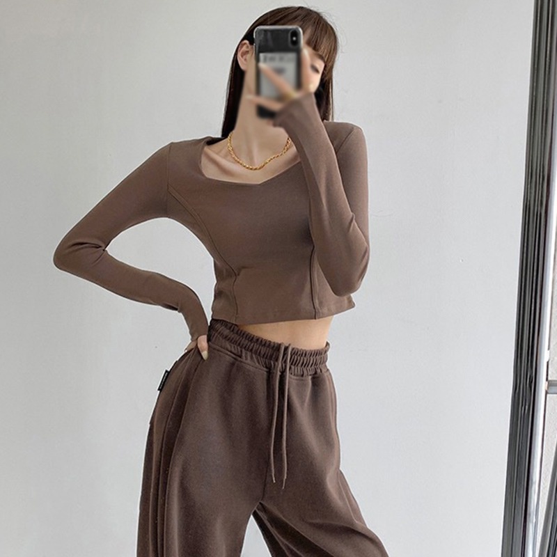 Áo Thun Dài Tay Cổ Vuông Hở Xương Quai Xanh Thiết Kế Thoải Mái Thời Trang Cho Nữ