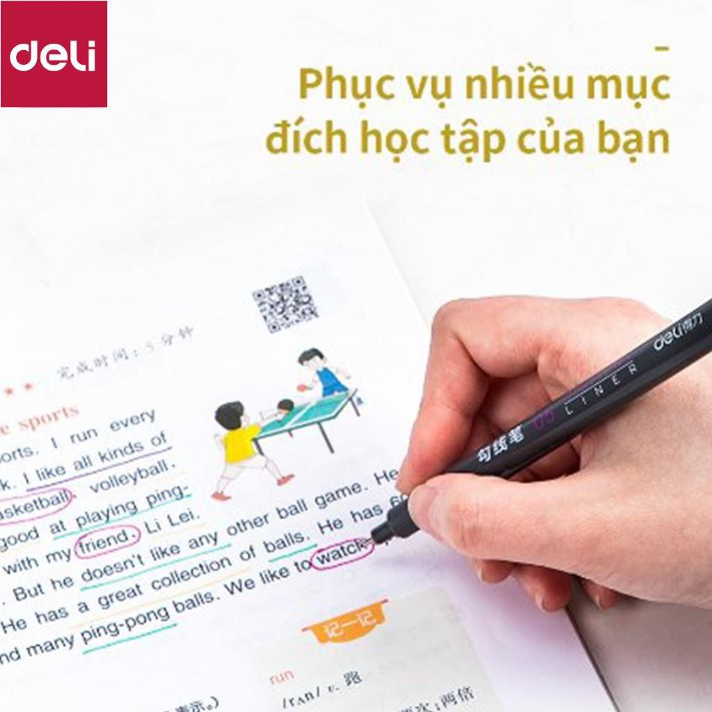 Bút đi nét liner 9 màu Deli - Ngòi bọc kim loại 0.5mm - Màu gốc nước - 9 màu 9 chiếc/Hộp - 1 Hộp - S572 [Deli]