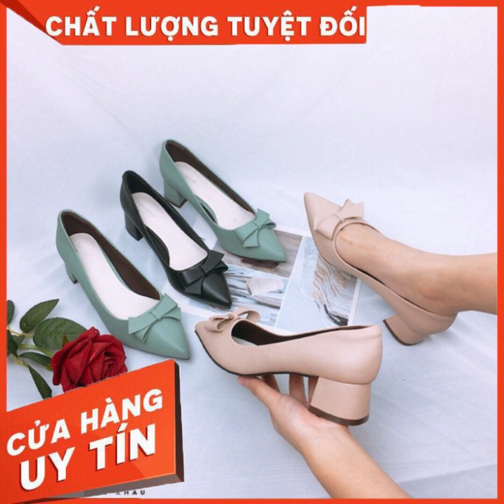 Giày cao gót 5 phân mũi nhọn đế vuông công sở nơ da mềm cao cấp - Hàng nhập khẩu