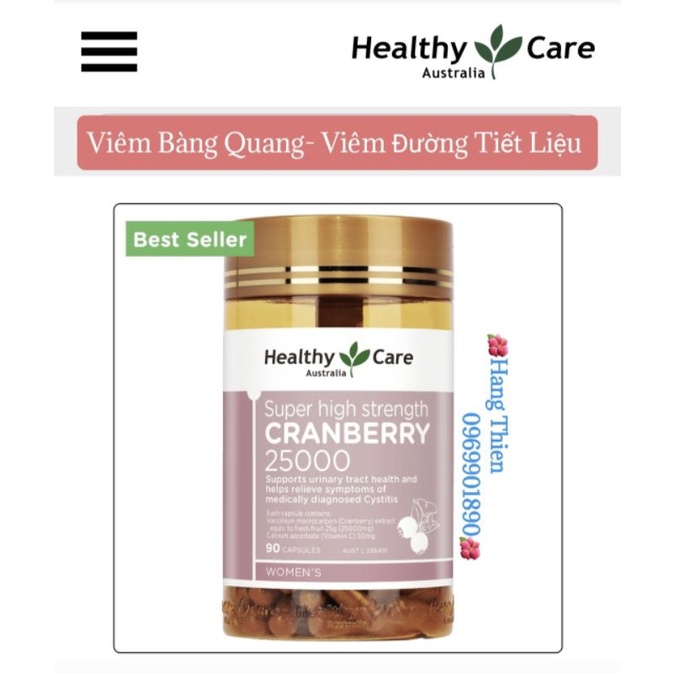 Viên uống giảm viêm tiết niệu, viêm bàng quang Healthy Care Super Cranberry 25000 _ 90v