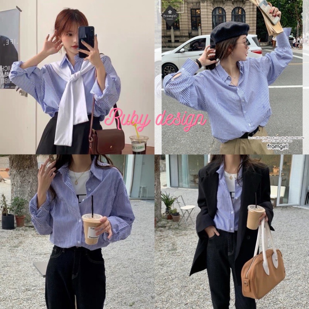 Áo sơ mi nữ áo sơ mi kiểu tay dài vải thô mềm sọc xanh sọc đen form rộng công sở đi chơi phong cách Hàn quốc