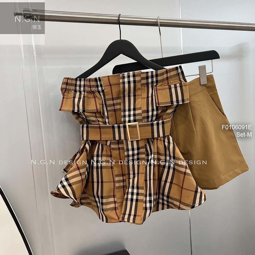Set áo ống caro Bbr thắt đai eo phối quần short nâu