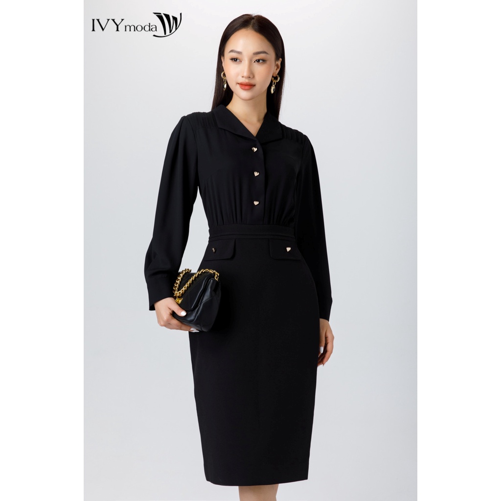 Đầm ôm vai xếp nếp nữ IVY moda MS 48M7086