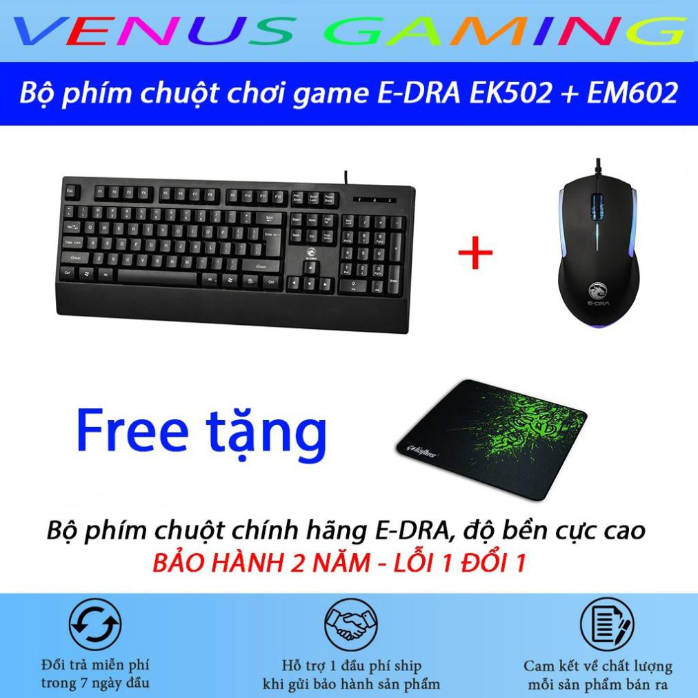 Bộ phím chuột chơi game E-DRA EK502 + EM602 - Màu đen - Độ bền cực cao - Chuột có đèn led - Bảo hành 24 tháng