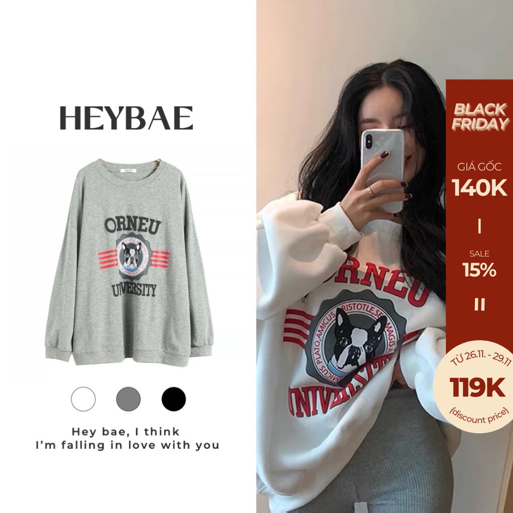 Áo sweater nỉ unisex ORNEU HEYBAE oversize dài tay in hoạ tiết vintage dáng rộng áo nỉ chui đầu siêu ấm AK032