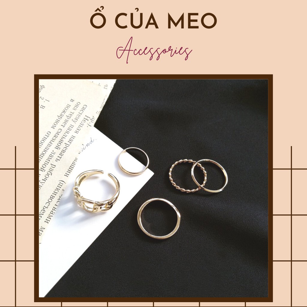 Set 5 nhẫn đơn giản mạ vàng, bạc phong cách tối giản dành cho nữ