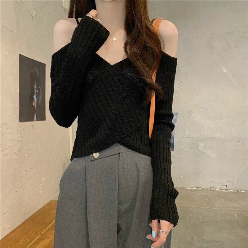 Áo len nữ dài tay, chất len giấy mongtoghi mỏng mềm mát, kiểu dáng trễ vai