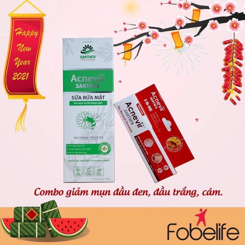 {COMBO} giảm mụn đầu đen, mụn cám : Sữa rửa mặt- Kem mụn. ĐẠT CHUẨN GMP. acnevir santafa