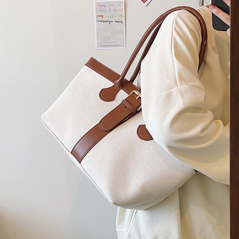 Túi Đeo Vai Bằng Vải canvas Cỡ Lớn Màu Nâu Thời Trang Cho Nữ