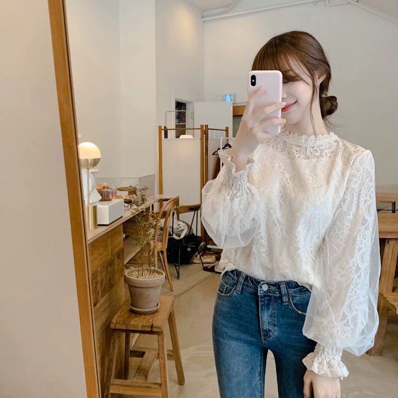 Áo Sơ Mi Tay Dài Dáng Rộng Màu Trơn Thêu Ren Phong Cách Hàn Quốc Thời Trang Cho Nữ