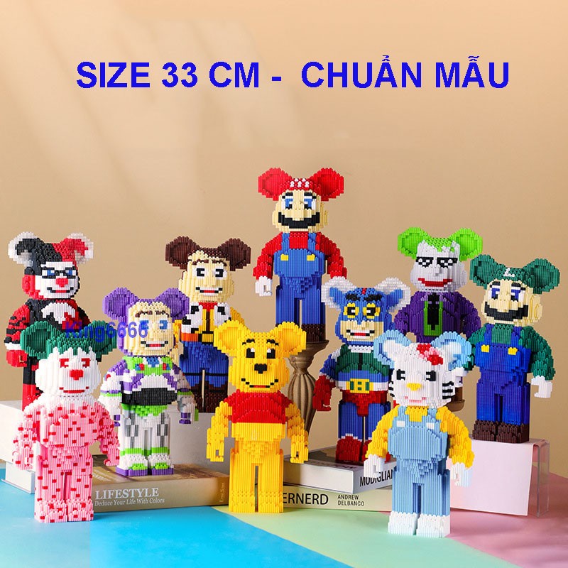 xếp hình Bearbrick Mario , Toy Story , Joker , Gấu Pooh 33cm làm quà, decor 3d nano hot