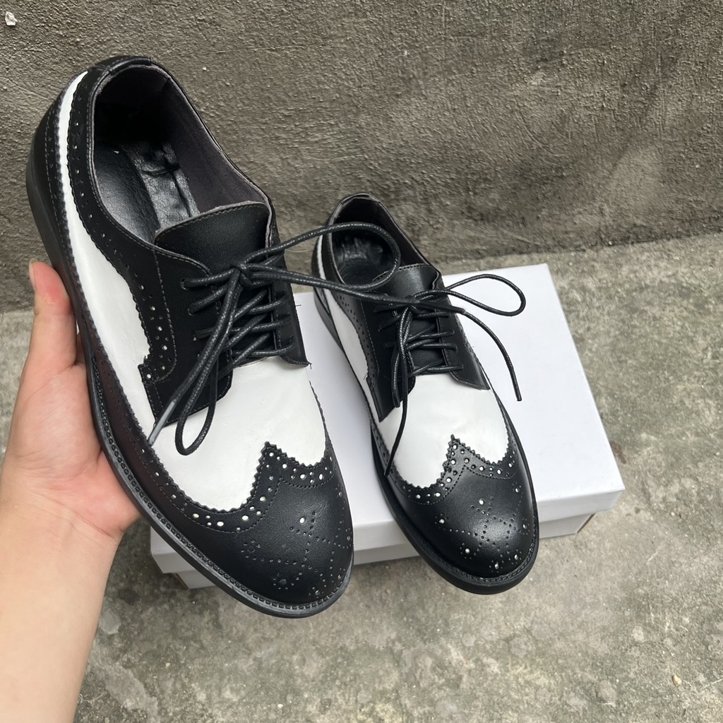 Giày Derby nam Black White, Giày da buộc dây Cao Cấp Da Bò 100%