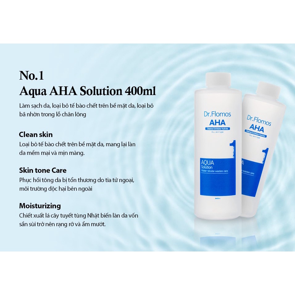 Dung dịch toner Aqua AHA tẩy tế bào chết DR FLOMOS 400ml dùng cho máy hút mụn H2O2