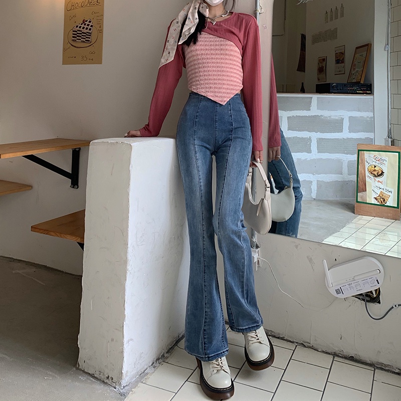 Quần Denim lưng cao ống loe form ôm co giãn thời trang mùa thu