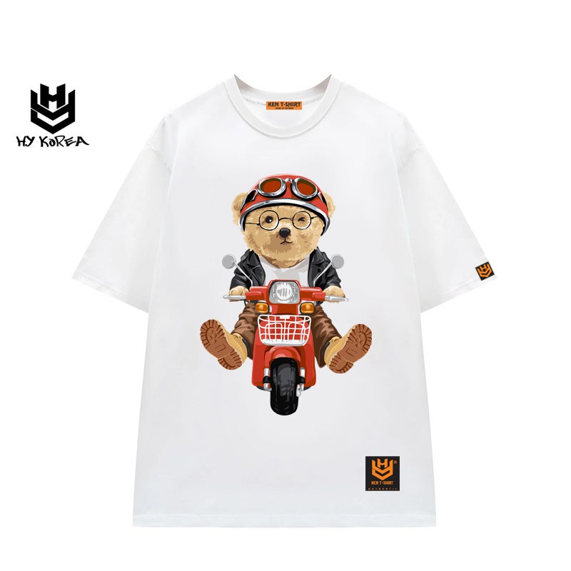 Áo thun tay lỡ cotton 75% HY KOREA nam nữ form rộng unisex in hình Gấu Chạy Xe DC210.