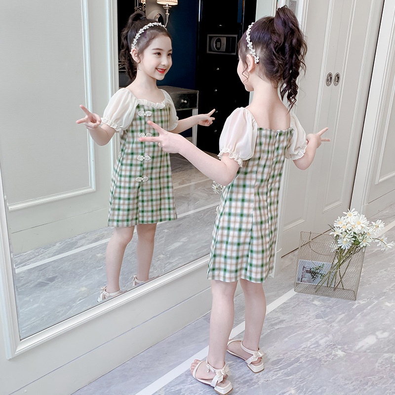SANITKUN Đầm công chúa sườn xám họa tiết caro thời trang năm mới cho bé