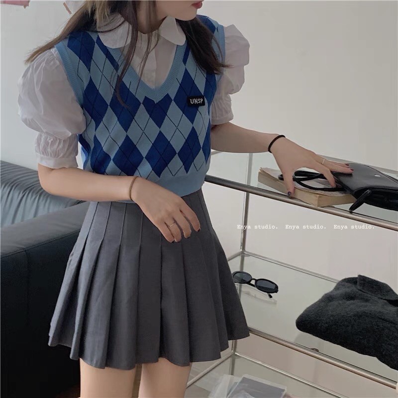 Set áo gile len croptop kết hợp chân váy xoè, áo sơ mi ulzzang phong cách HÀN QUỐC 2021