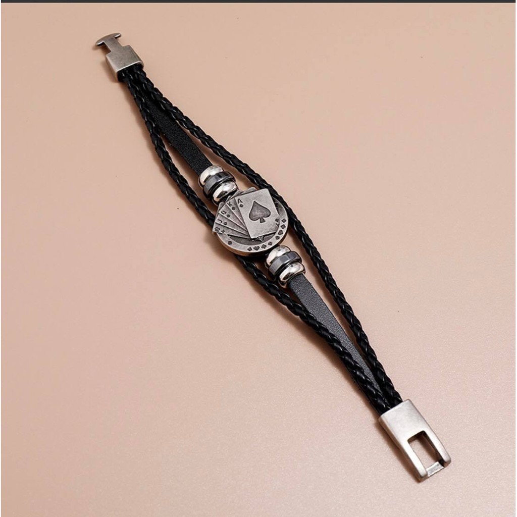 Vòng Tay Da Nhiều Sợi Bện Phối Khóa Hợp Kim hình lá bài độc đáo Phong Cách Âu Mỹ