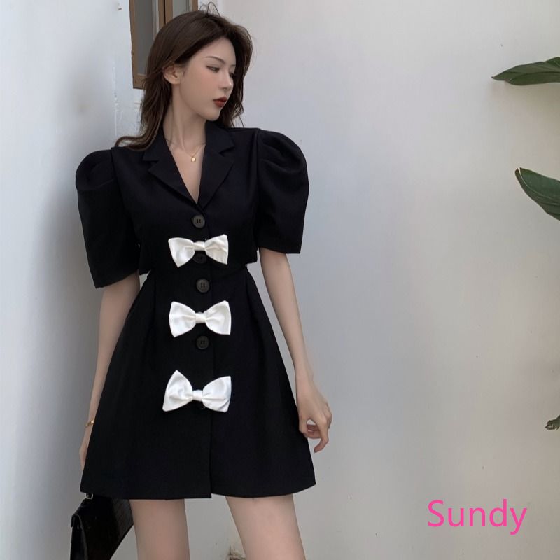 Đầm Nữ Tay Phồng Đính Nơ Phong Cách Retro Thời Trang Mùa Hè