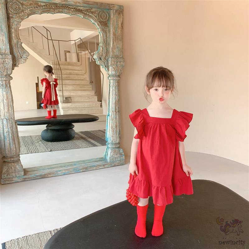 Đầm Công Chúa Tay Bèo Cổ Vuông Thắt Nơ Lưng Phong Cách Hàn Quốc Cho Bé Gái