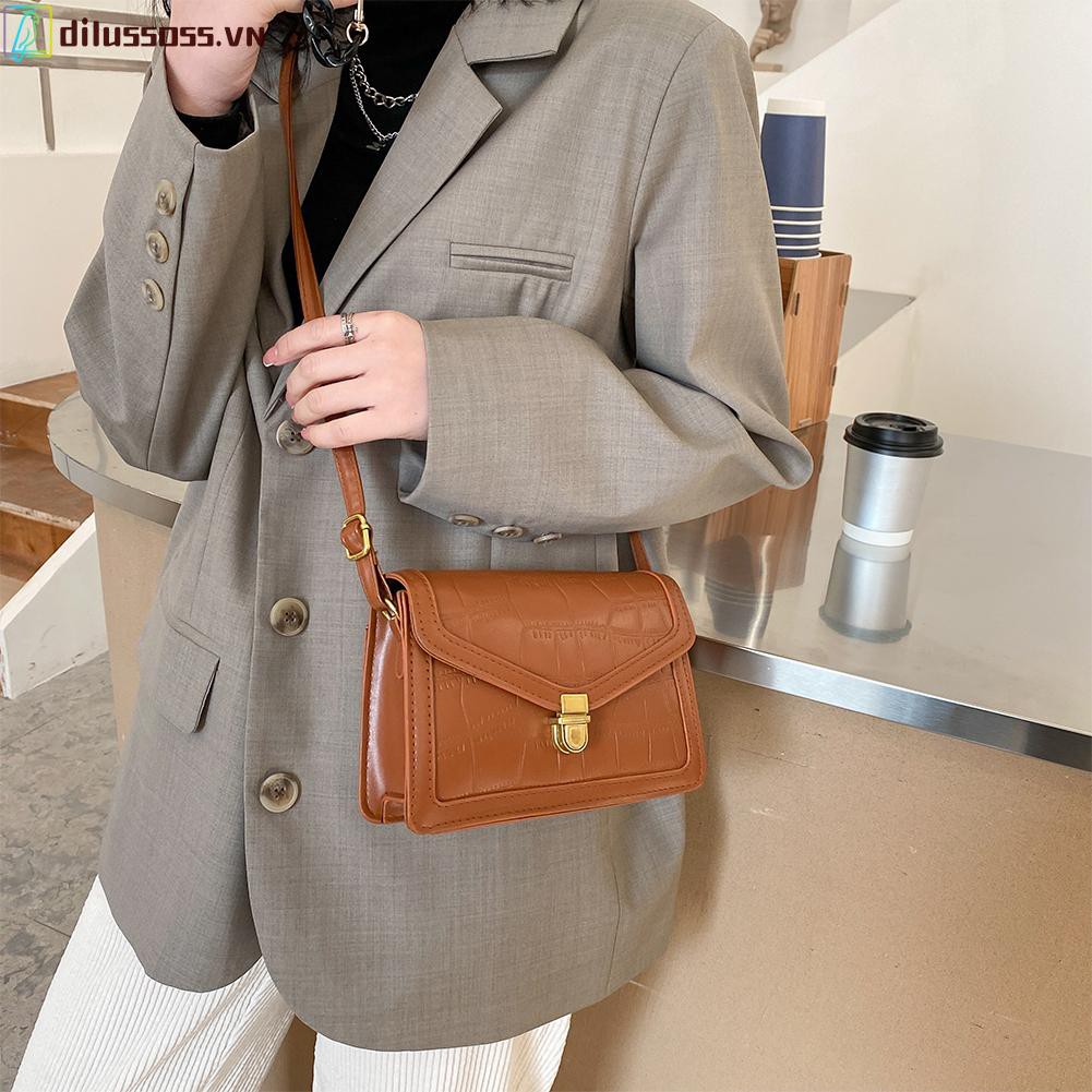 [DILUSSOSS] Túi đeo vai  Solid Color Retro Shoulder Bag Lock Stone Pattern Women PU Messenger Bags