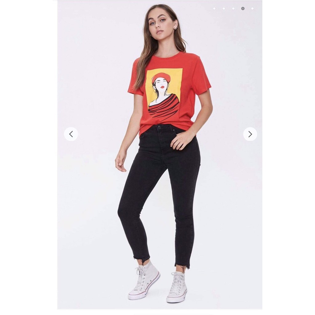 Áo thun from basic đỏ in cô gái đội nón đỏ  vnxk