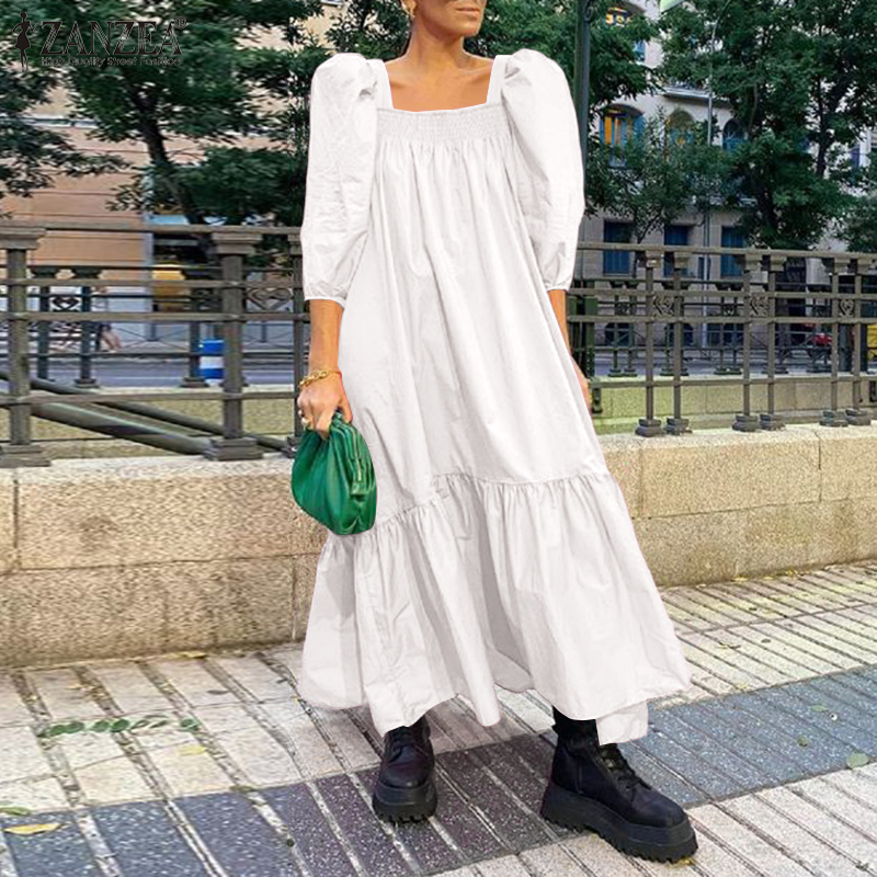 Váy Maxi ZANZEA Tay Phồng Cổ Vuông Kiểu Dáng Thời Trang Dành Cho Nữ