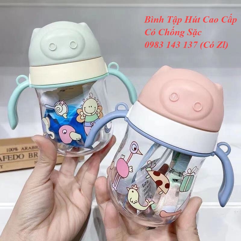 Bình Tập Hút/ Bình Nước Chống Sặc Hình Heo Dễ Thương Cho Bé, Dung Tích 250ml Kèm Dây Đeo Siêu Cute