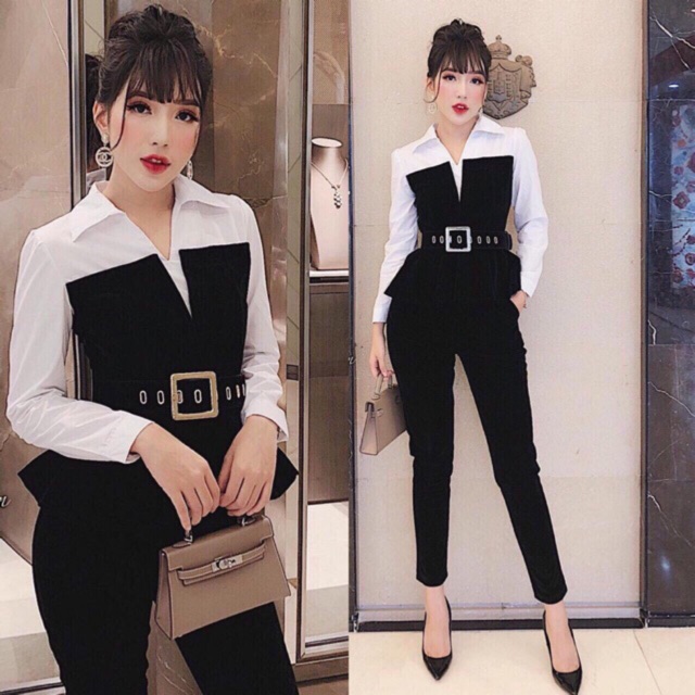 Sét áo phối sơ mi peplum + quần lửng+ dây nịt và ảnh thật
