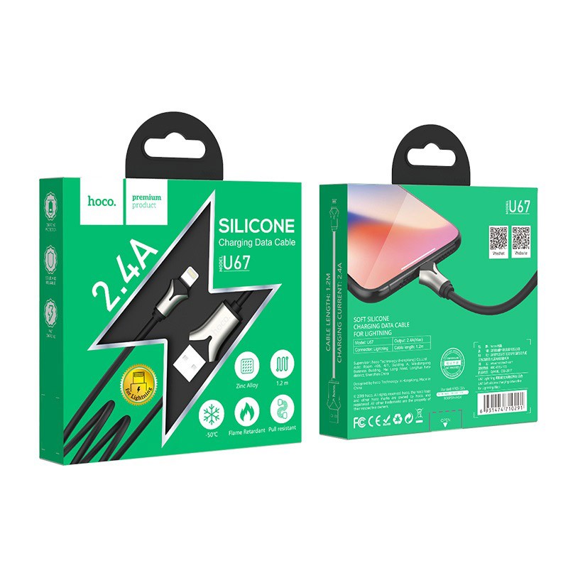 Cáp sạc nhanh Hoco U67 Silicon chống rối, dòng 2.4A dây dài 1.2m - Chính hãng